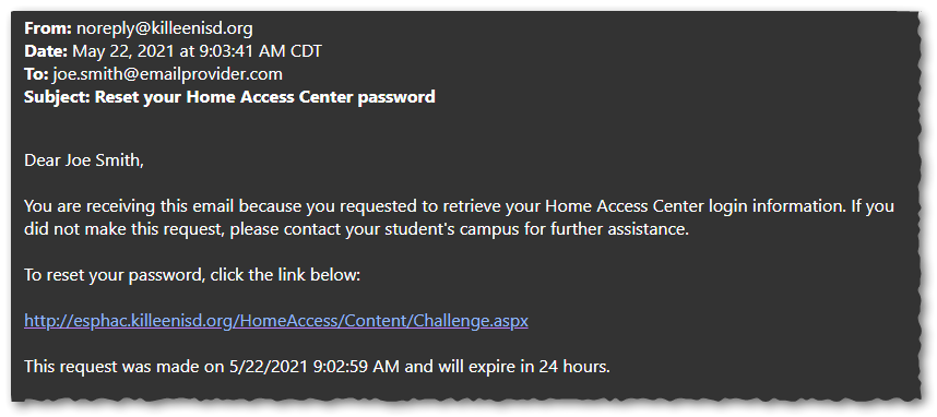 HAC Reset Password Email